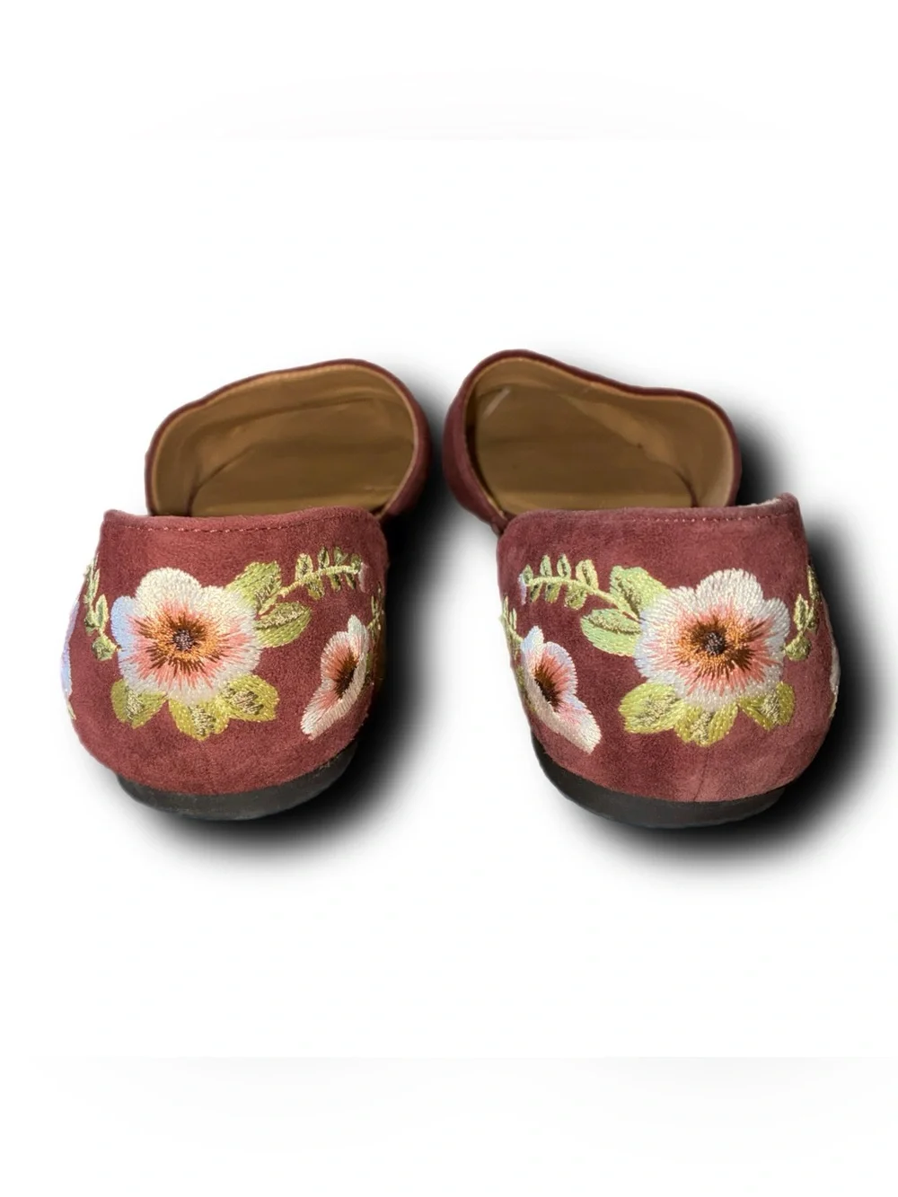 Franco Sarto Burgundy Suede D’Orsay Flats with Floral Embroidery on Heels